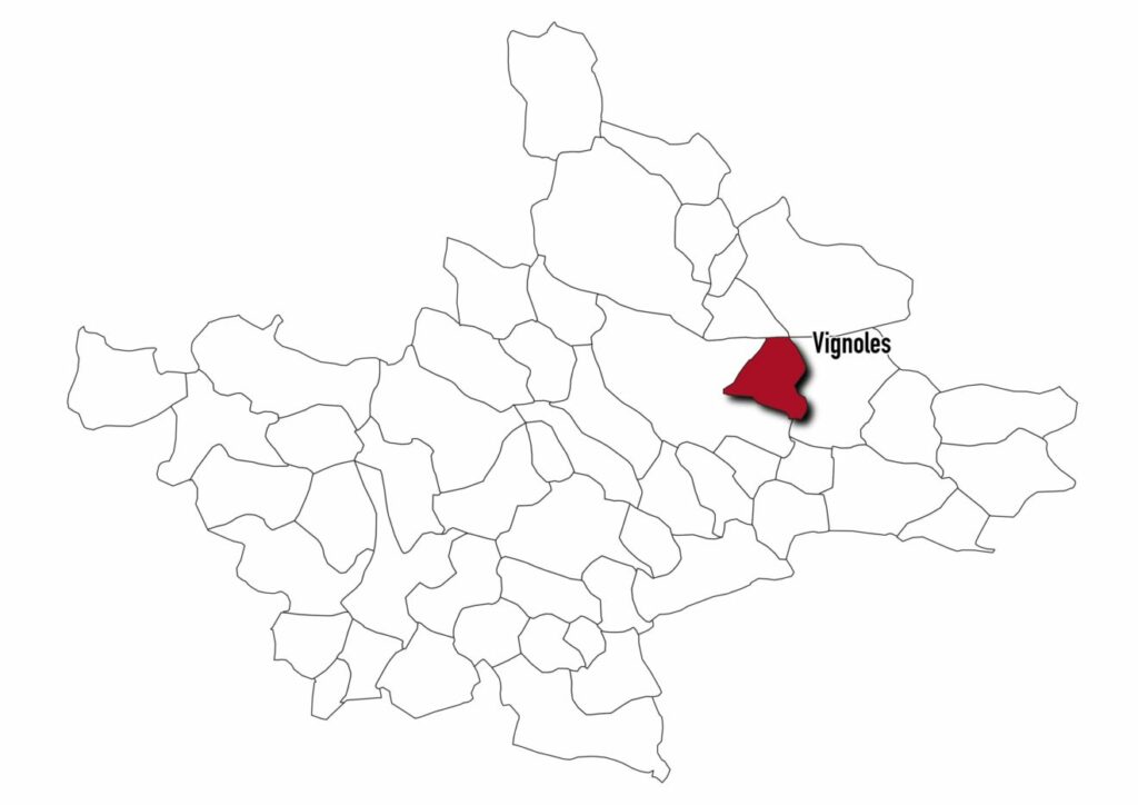 Carte localisant Vignoles par rapport aux 53 communes de l'Agglomération Beaune Côte et Sud.